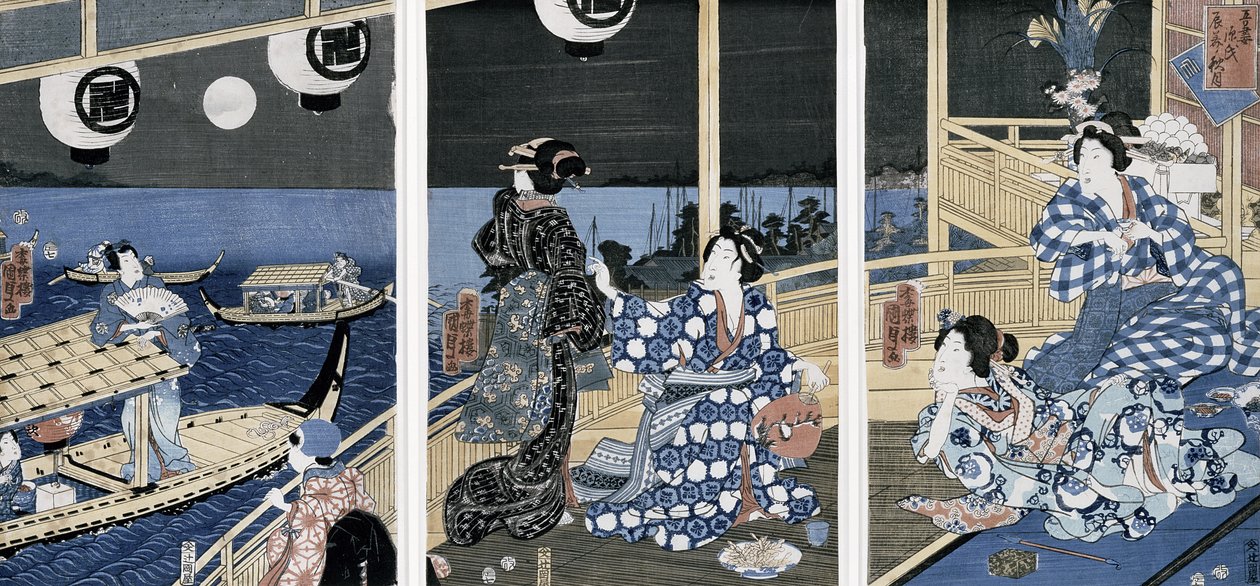 Podzimní měsíc nad Fukagawou (čtvrť potěšení), ze série „Azuma Genji“ (princ Genji z východního hlavního města (Edo) 1856 (barevný dřevotisk) od Utagawa Sadahide