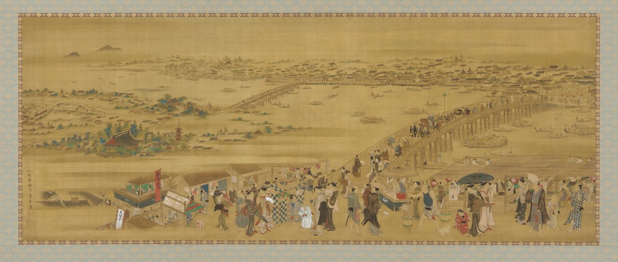 Most Rjogoku, období Edo (barva a zlato na hedvábí) od Utagawa Toyoharu