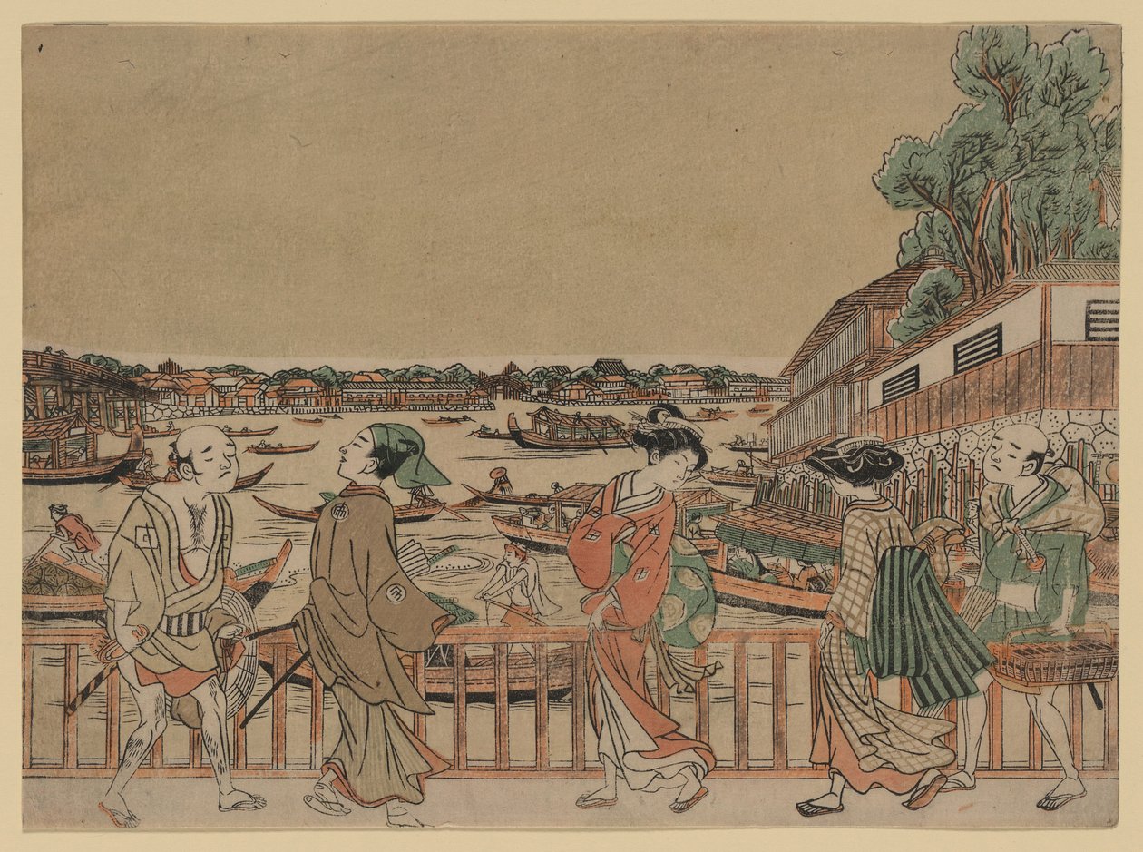chodci přecházející most přes řeku, na které jsou lodě od Utagawa Toyoharu