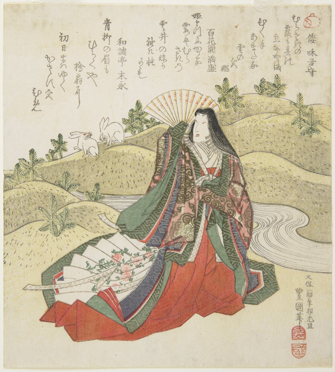 (Dvorní dáma a dva králíci), leden 1831 od Utagawa Toyokuni
