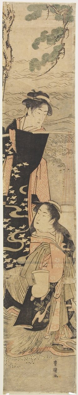 (Scéna ze hry založené na Příběhu Matsukaze a Murasame sestry), konec 18.-začátek 19. století od Utagawa Toyokuni