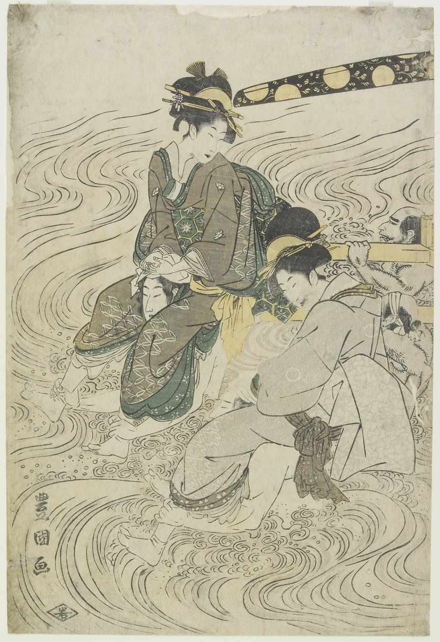 (Dvě ženy překračující řeku na ramenou coolies) od Utagawa Toyokuni