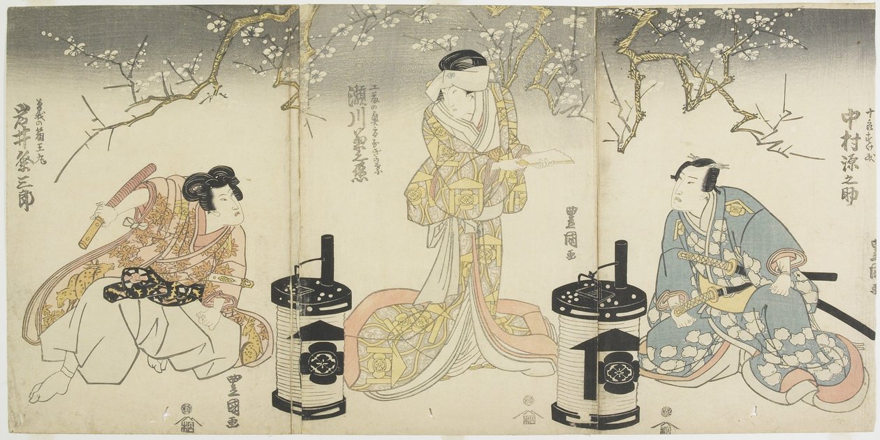 Nakamura Gennosuke jako Suketsune, Segawa Kikunojo_ jako manželka Suketsune, Iwai Hanshiro_ jako Hakuo_maru (scéna hry Kabuki podle příběhu bratří Soga), konec 18.-začátek 19. století od Utagawa Toyokuni