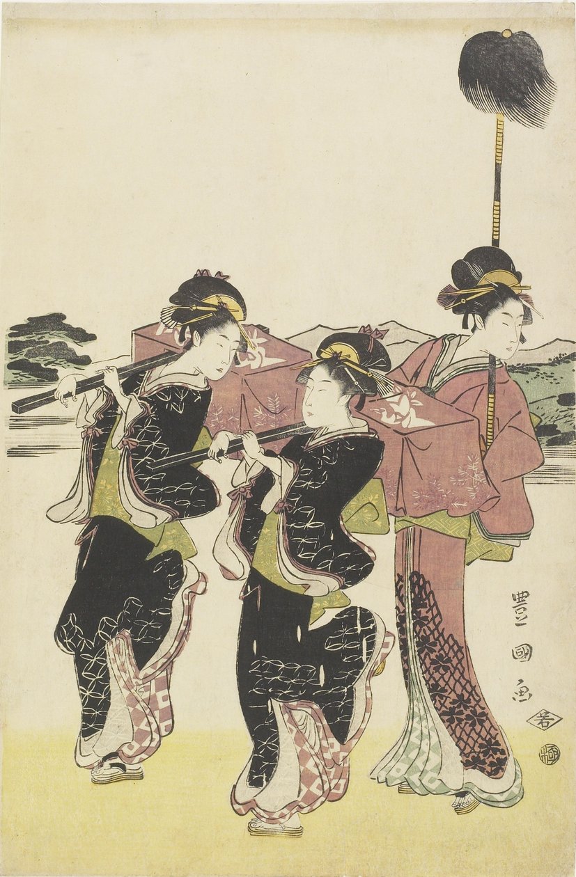 Oiran (dvorní dáma vyšší třídy) cestující v průvodu mytáta daimjó, konec 18. a začátek 19. století od Utagawa Toyokuni