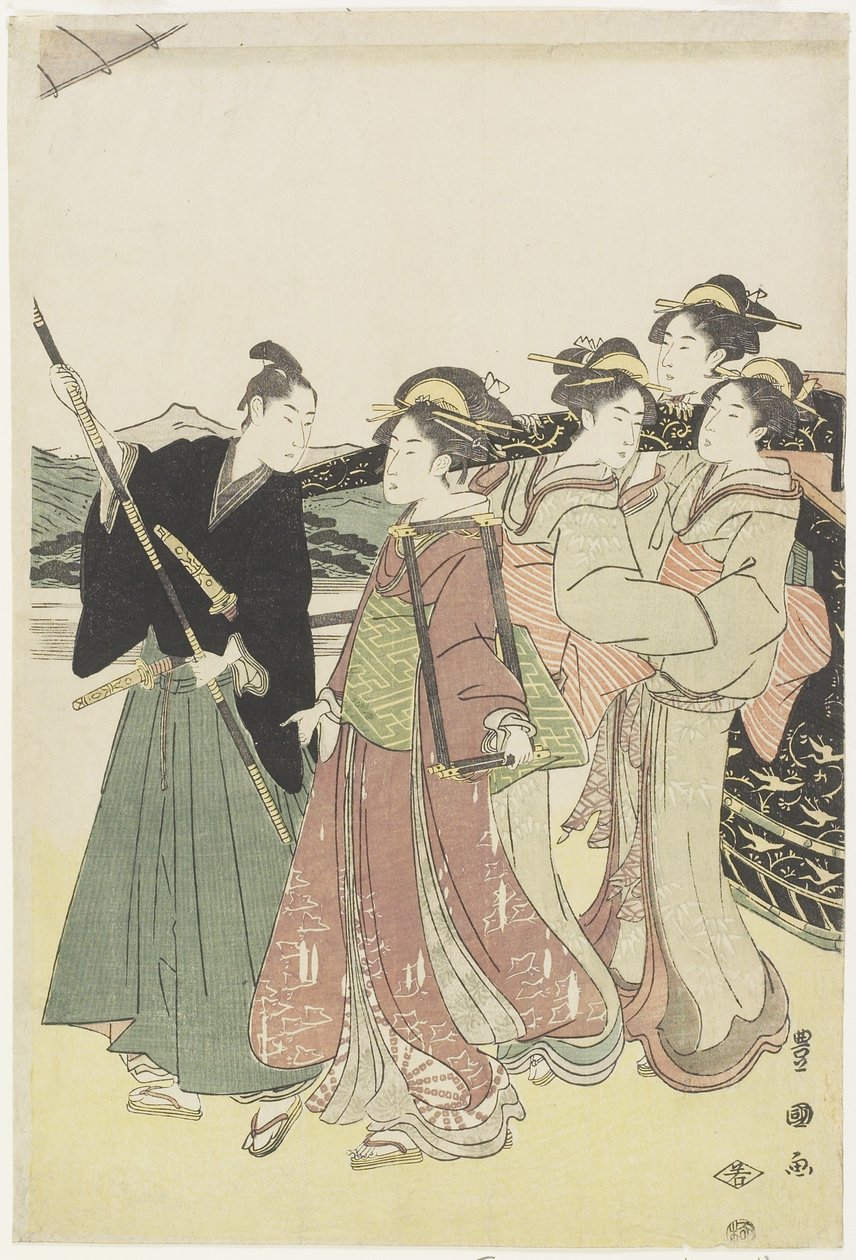 Oiran (vysokotřídní kurtizána) Cestování jako Mitate of Daimyo_ Procesí, konec 18.-začátek 19. století od Utagawa Toyokuni