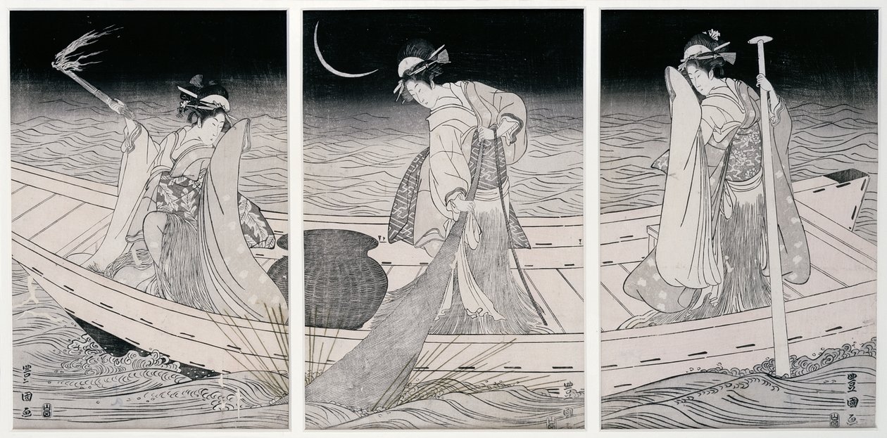 Tři ženy na lodi lovící při světle lampy (dřevěný tisk) od Utagawa Toyokuni