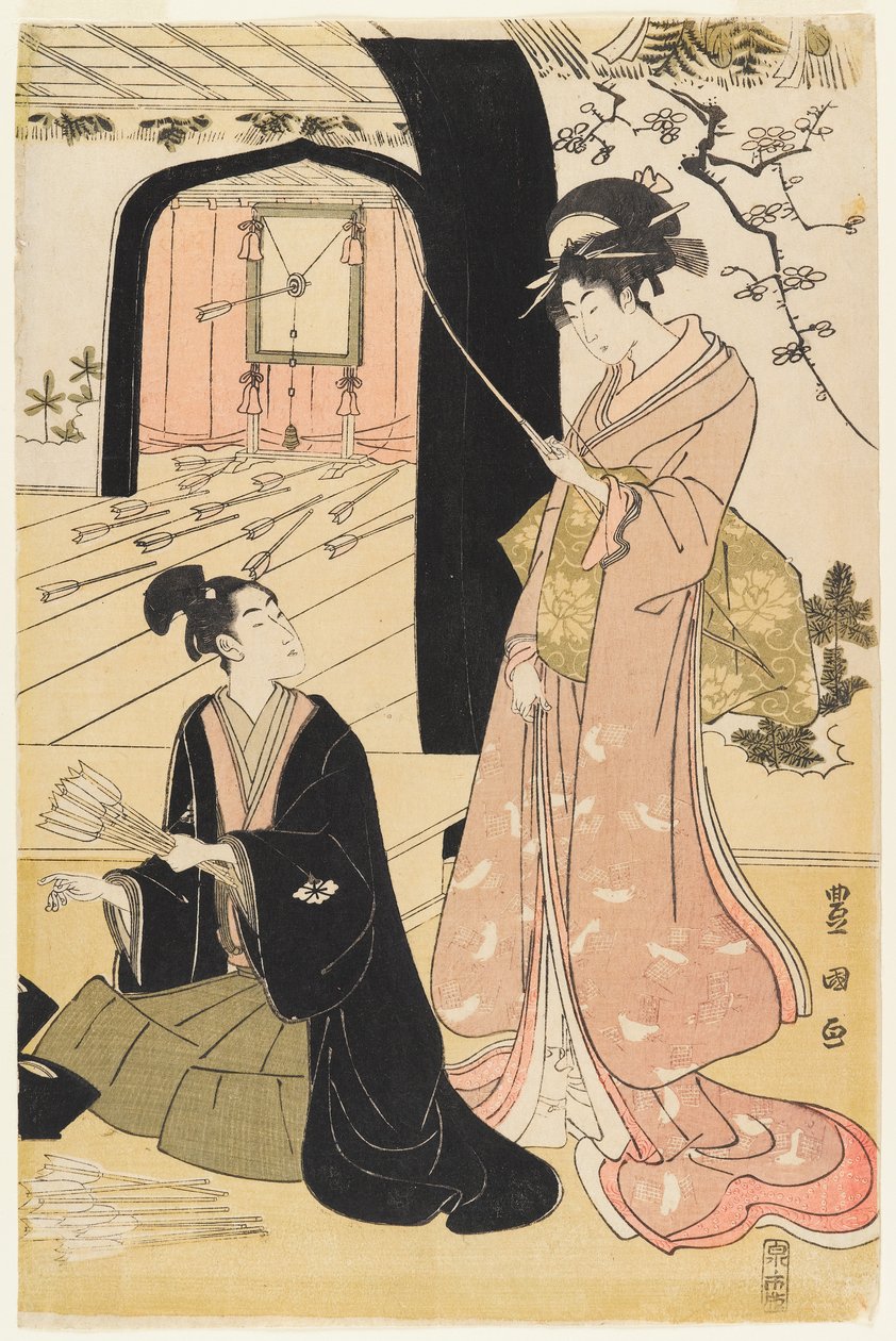 Mladí samurajové a průvodkyně cvičí lukostřelbu, polovina diptychu, cca 1800 (barevný dřevořez) (pár k 499358) od Utagawa Toyokuni