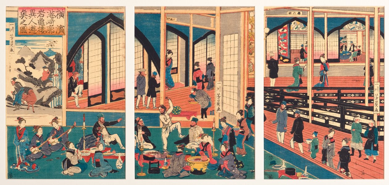 Cizinci pobaveni na Gankiro v Miyosaki v Jokohamě, leden 1861 (woodblock) od Utagawa Yoshikazu