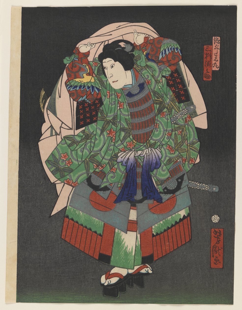 The Osaka Kabuki Actor Gennosuke III, 1868 (barevný dřevořez se stříbrem a mosazí na papíře) od Utagawa Yoshitaki