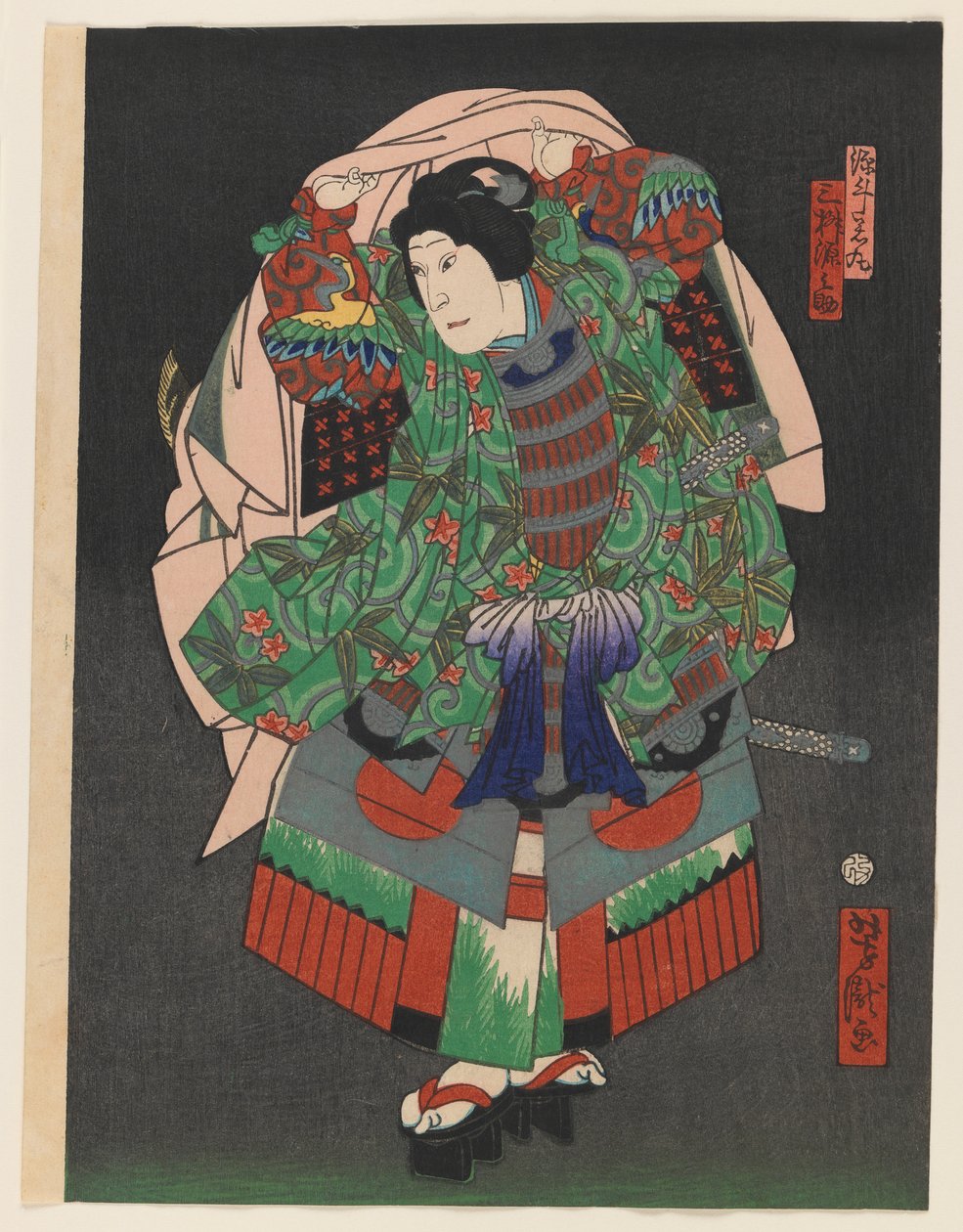 The Osaka Kabuki Actor Gennosuke III, cca 1860 (barevný potisk dřevěných bloků se stříbrem a mosazí) od Utagawa Yoshitaki