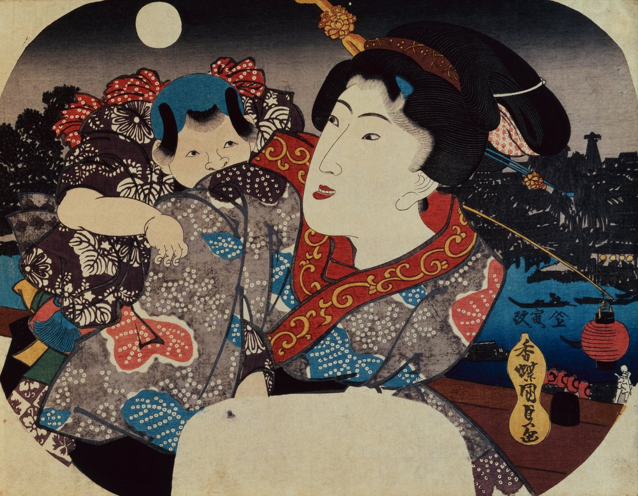 Žena nesoucí dítě na zádech (dřevěný tisk) od Utagawa Kunisada
