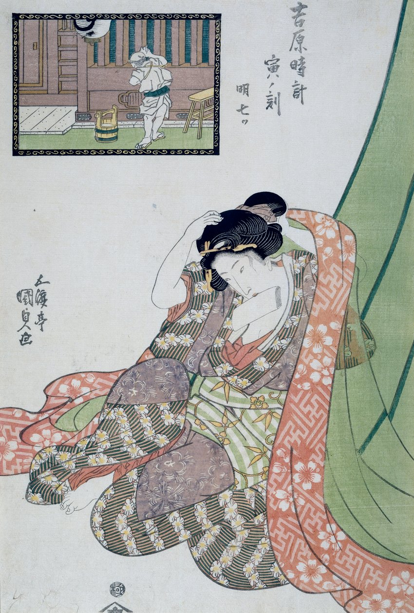 Hodina draka, Pátá až sedmá hodina rána, Kol 1818, Ukiyo-e umělecký tisk Utagawa Kunisada (1786-1865) z roku Dvanáct hodin v Yoshiwara, Oban-tate-e dřevoryt, 37x24,9 cm od Utagawa Kunisada