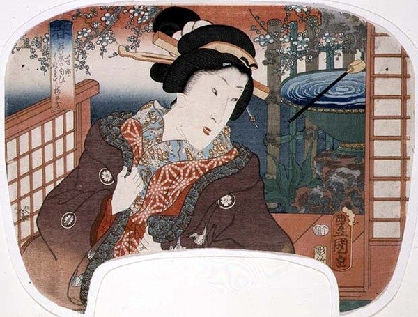 Jaro, Yoshi-cho; Gejša v zahradě, návrh na vějíř ze sady čtyř vějířů znázorňujících roční období. od Utagawa Kunisada