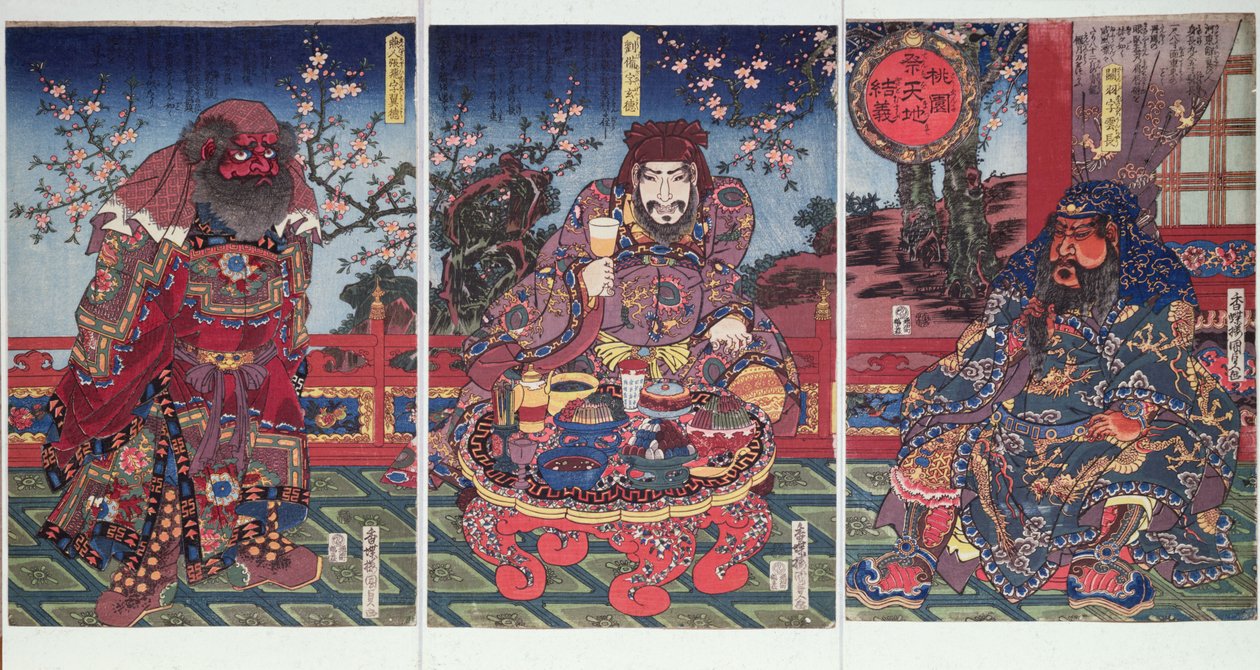 Slib věrnosti v broskvovém sadu (barevný dřevotisk) od Utagawa Kunisada