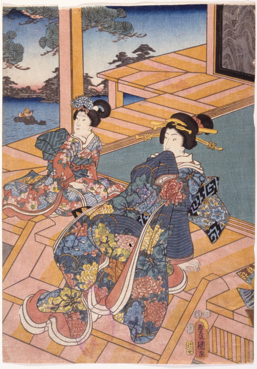 Dvě dámy na terase (barevný dřevořez) od Utagawa (1786 1865) Kunisada