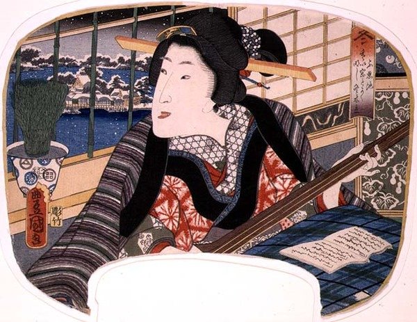 Zima, rybník Shinobazu; Gejša cvičící baladu, design pro fanouška ze sady čtyř ilustrujících roční období od Utagawa Kunisada