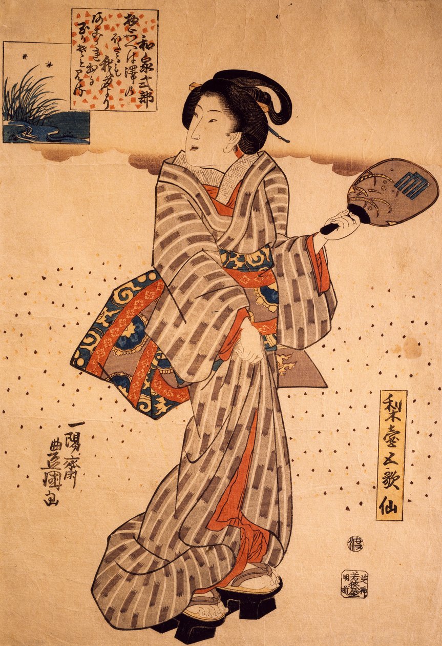 Žena s tuhým vějířem, Utagawa Kunisada, dřevoryt, technika nishiki-e od Utagawa Kunisada