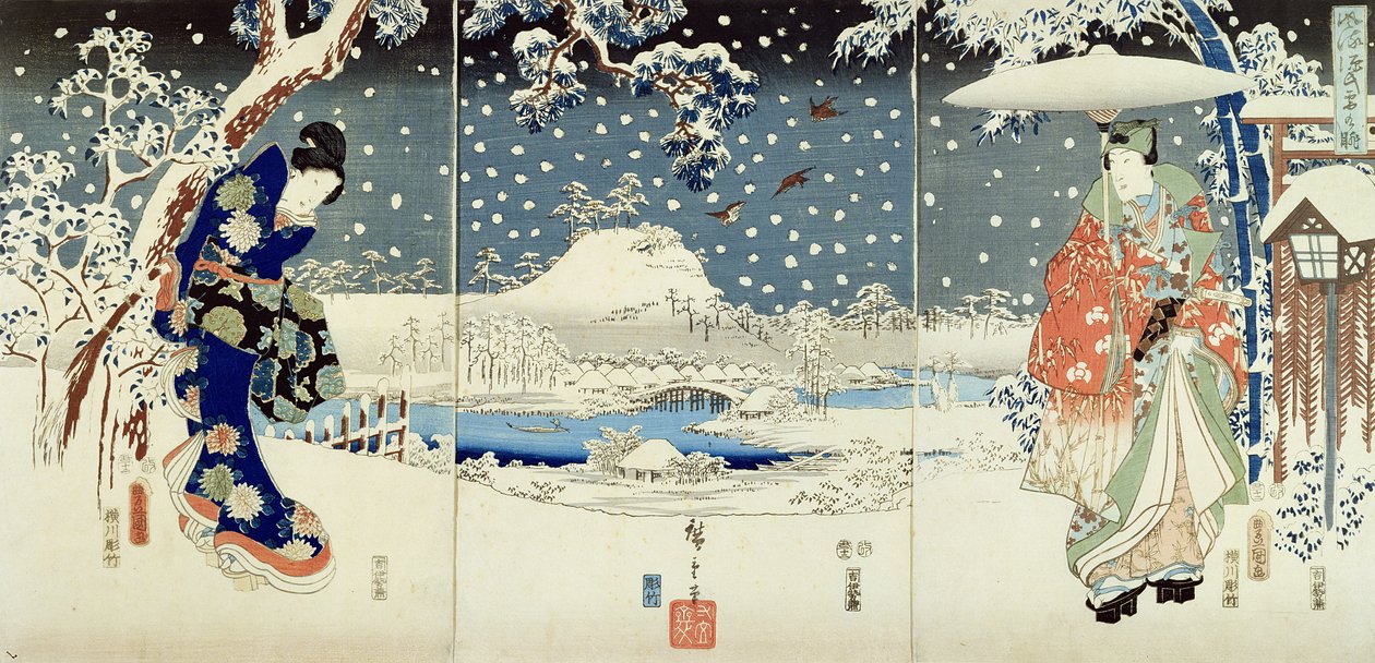 Sněhová scéna v zahradě Daimyo (triptych) od Utagawa  Hiroshige and Kunisada