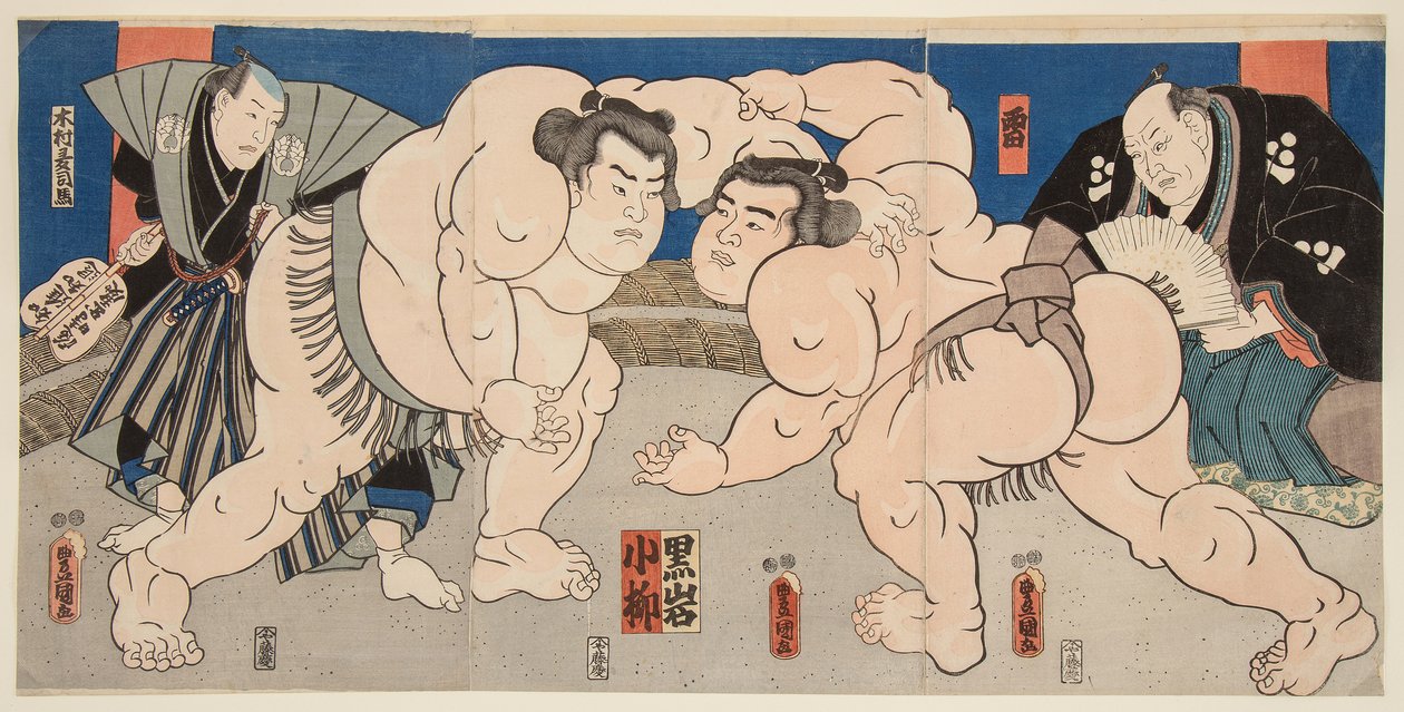 Souboj sumo zápasníků Koyanagi a Kuroiwa. Tisk Utagawa Kunisada (1786-1865) od Utagawa Kunisada
