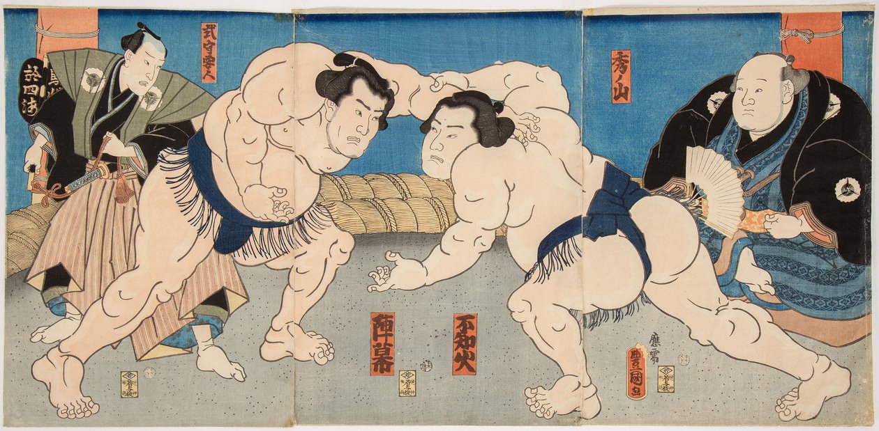 Combat des lutteurs de sumo Shiranui et Jimmaku. Estampe de Utagawa Kunisada (1786-1865), vers 1860 --Zápasový zápas Shiranui vs Jimmaku, od Kunisada (Toyokuni III), Utagawa (1786-1865). Barevný dřevoryt od Utagawa Kunisada