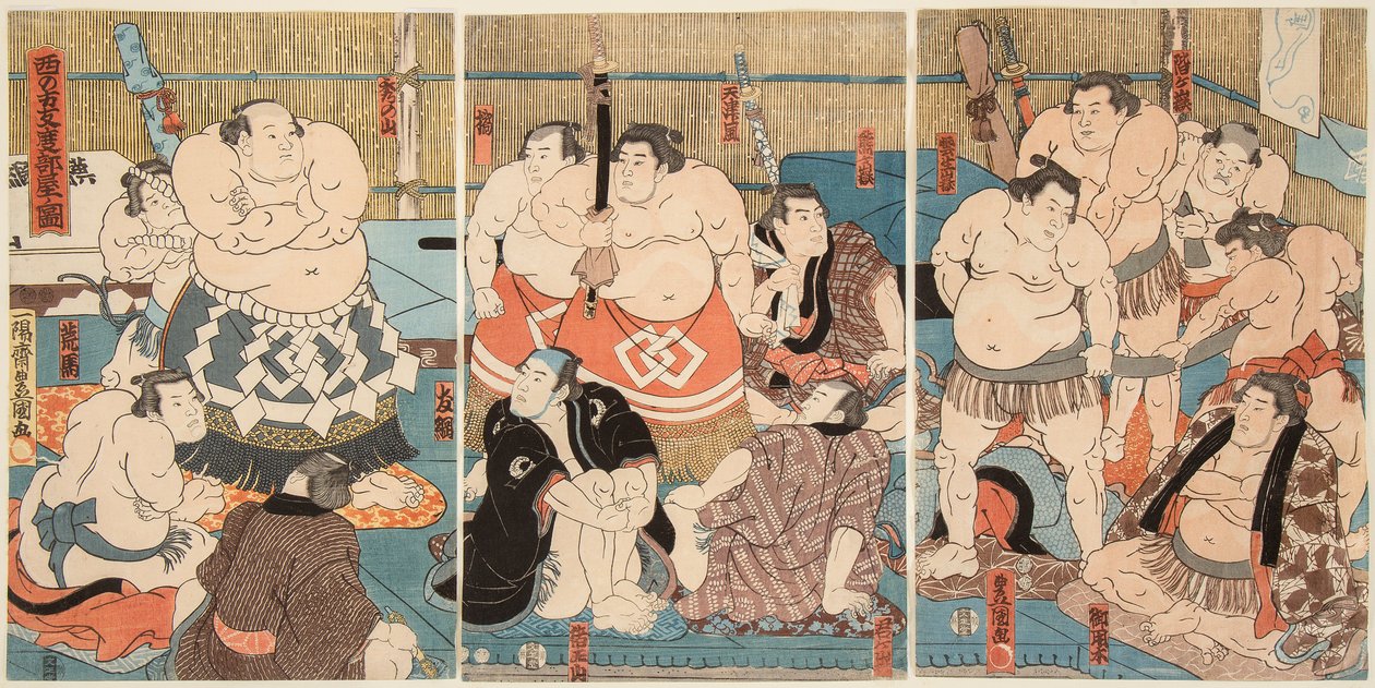 Kombat Days Luttkrs Sumo Shitaky Baye a Hidenoyama. Den Estamp Uttagawa bez pití (1–5) od Utagawa Kunisada