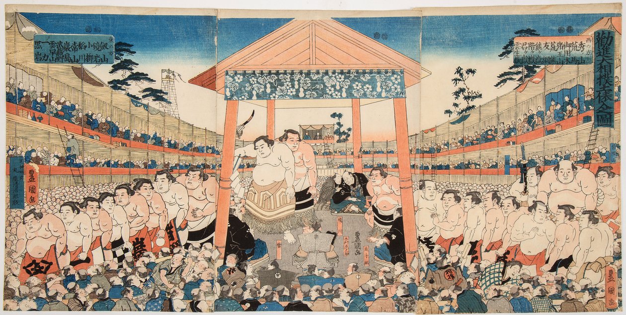 Kanjin Ozumo (průvod zápasníků sumo do boje o získávání finančních prostředků). Estampe de Utagawa Kunisada (1786-1865) - Kanjin Ozumo, Kunisada (Toyokuni III), Utagawa (1786-1865). Barevný dřevoryt, c. 1850. Rozměr: 37,5x75,5 cm. Soukromá sbírka od Utagawa Kunisada