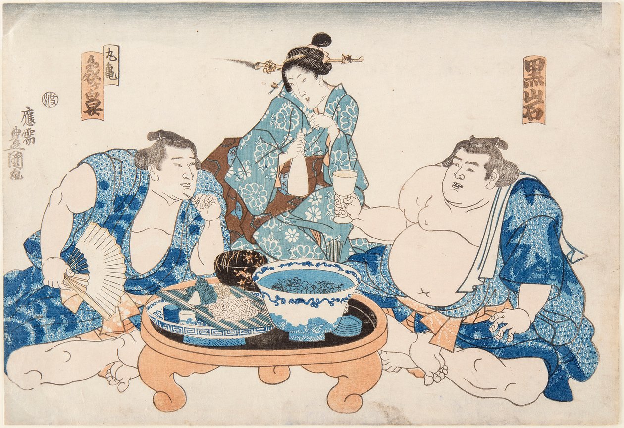 Sumo zápasníci Kuroiwa a Zogahana s gejšou. Tisk Utagawa Kunisada (1786-1865) od Utagawa Kunisada