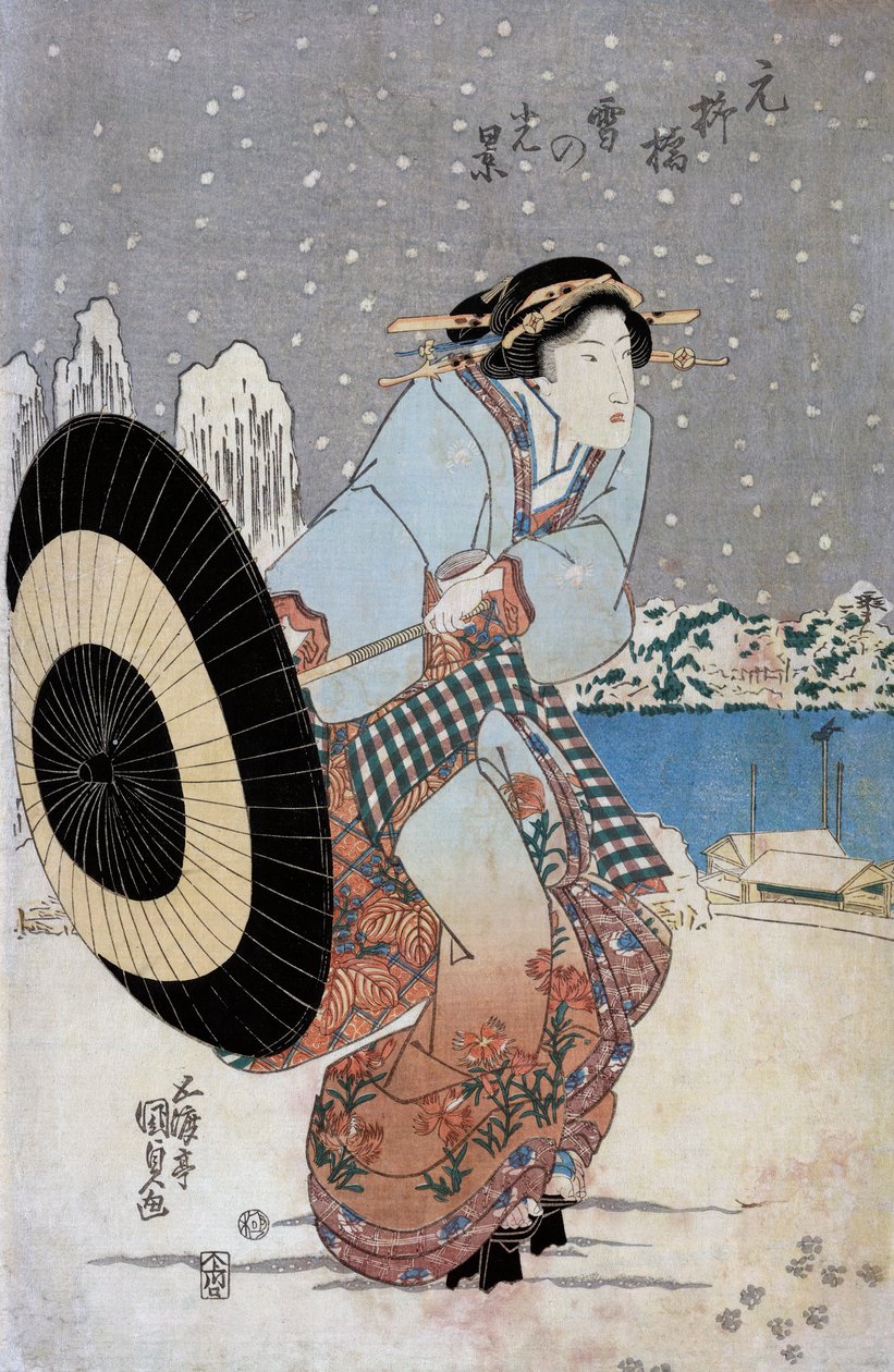 Noční sněhová scéna na mostě Motonoyanagi, kolem roku 1825 (dřevěný tisk) od Utagawa Kunisada