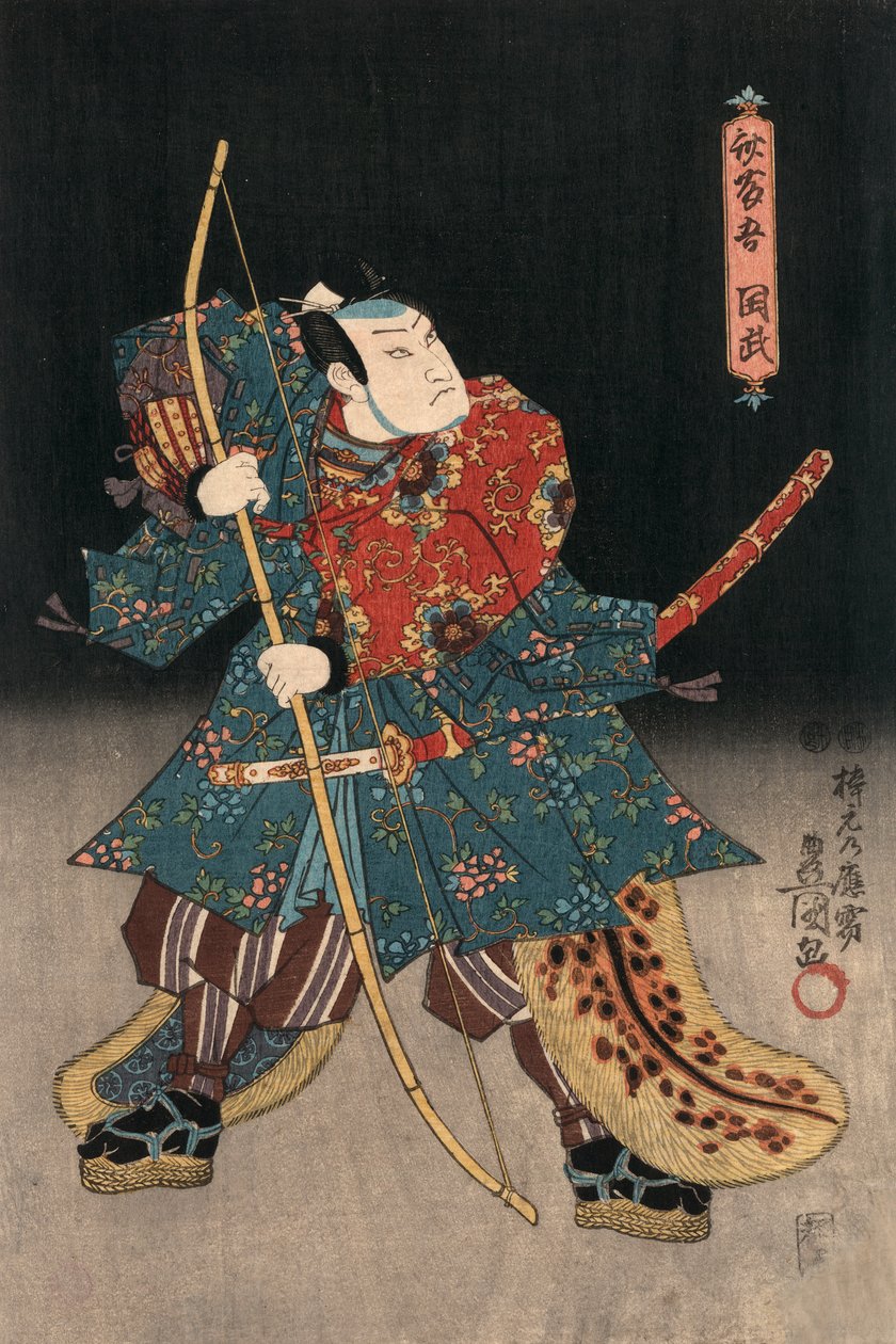 Ukiyo-e tisk herce hrajícího samuraje od Kunisady od Utagawa Kunisada