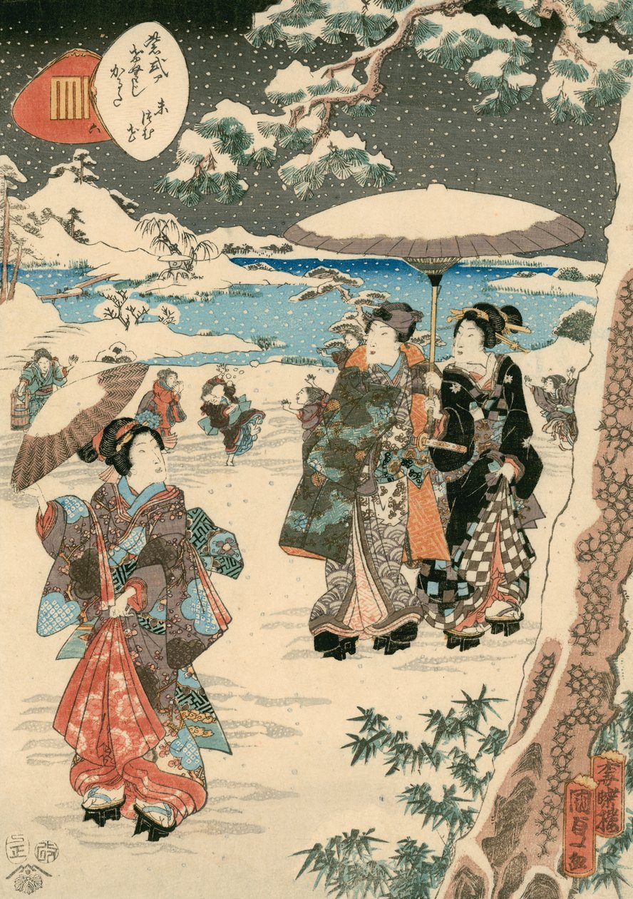 Figurky se slunečníky ve sněhu (scéna z The Tale of Genji) (barevný dřevoryt na papíře) od Utagawa (1786 1865) Kunisada