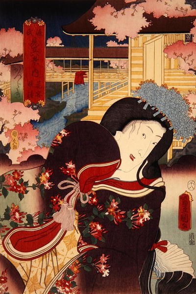 Hanano Enbansho Katsuragi Genji Mitate Hakkei no Uchi (Fower Bankue t, Eening g Bell: Katsuragi), c. 1808-58 od Utagawa Kunisada