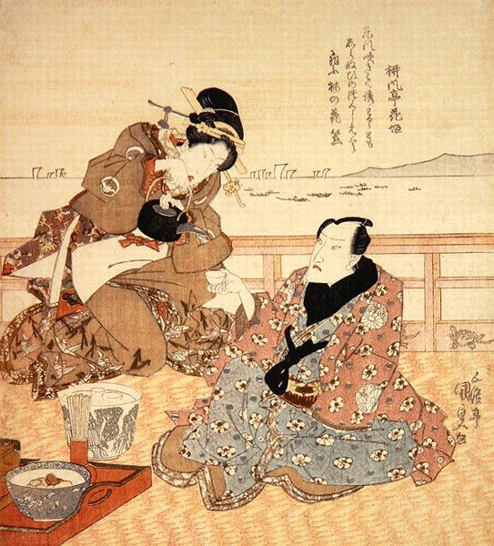 Onoe Kikugoro III bere čaj v Shinagawa, kolem 1825 (barevný dřevořez) (viz také 282741) od Utagawa Kunisada
