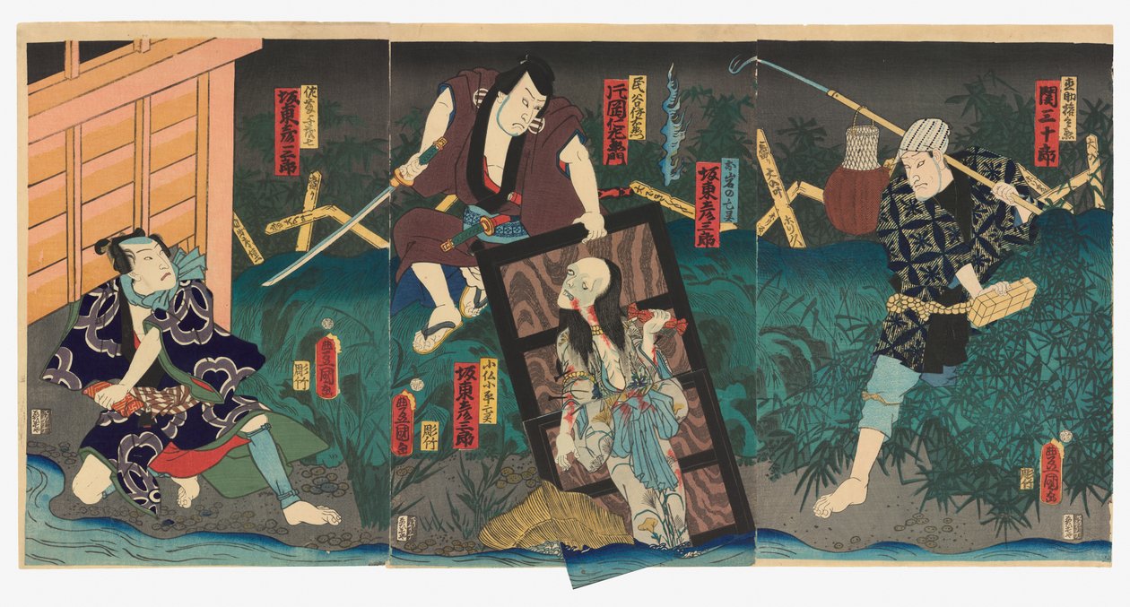 Seki Sanjūrō III jako Naosuke Gonbei (R), Kataoka Nizaemon VIII jako Tamiya Iemon (C) a Bandō Hikosaburō V jako duch Oiwa (Oiwa no bōrei) a duch Kobotoke Kohei (Kobotoke Kohei bōrei) (C) a Bandō Hikosaburō V jako Satō Yomoshichi (L). od Utagawa (1786 1865) Kunisada