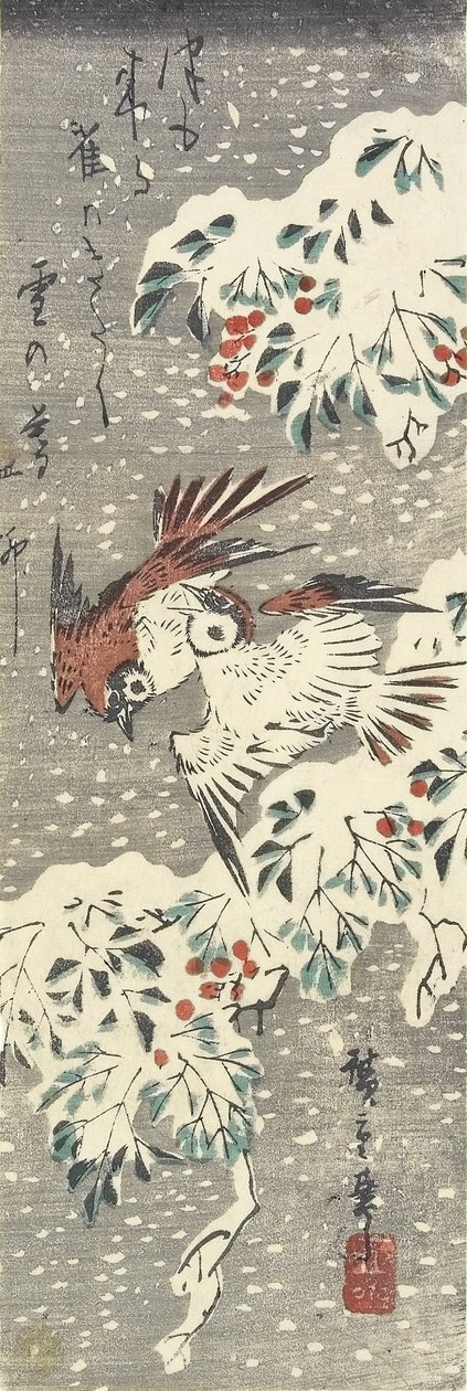 (Nebeský bambus a vrabci na sněhu), 1830-1858 od Utagawa Hiroshige