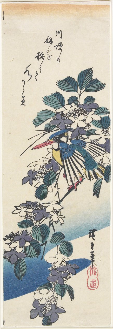 (ledňáček říční a hortenzie) od Utagawa Hiroshige