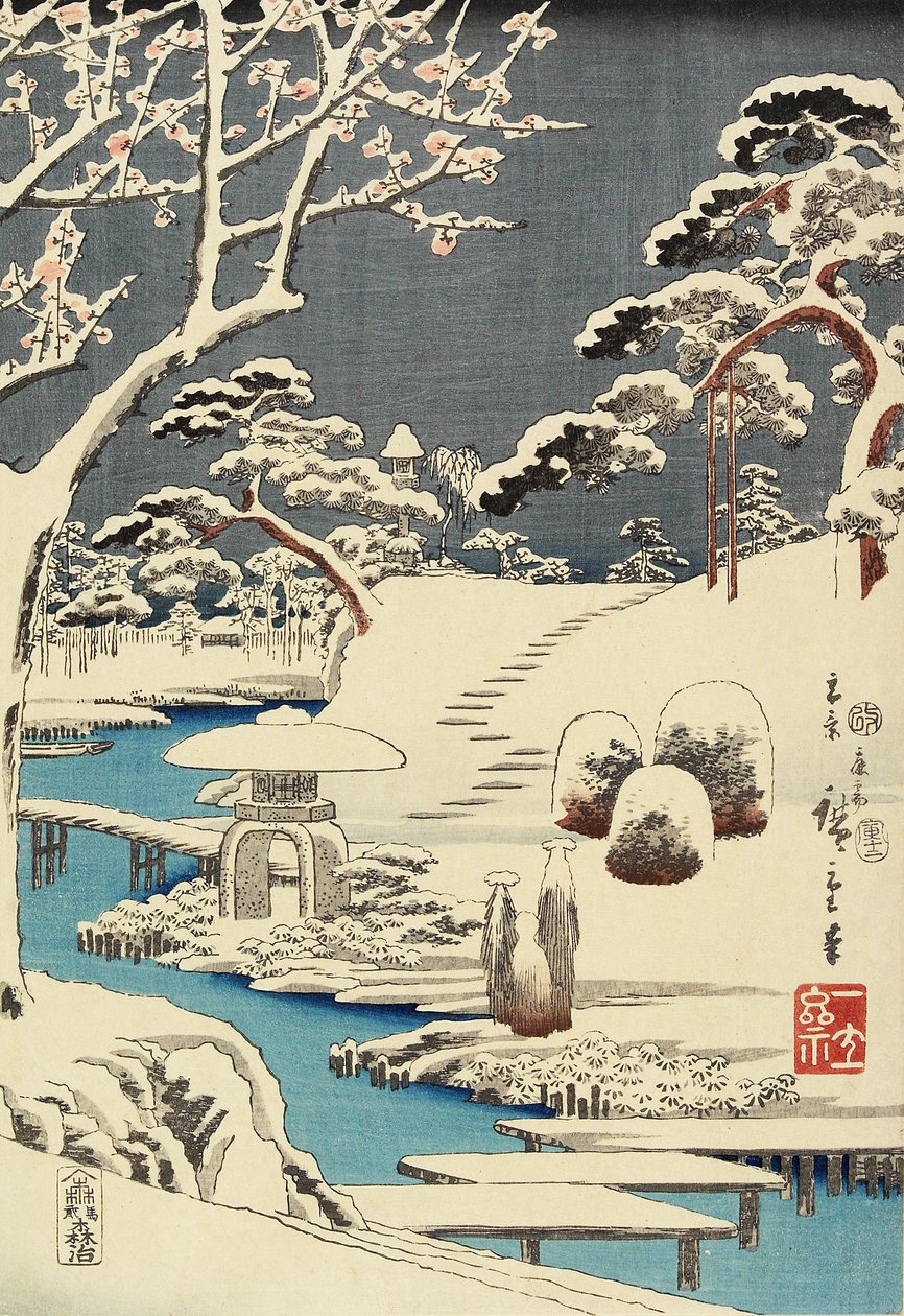 (Sněhem pokrytá zahrada), prosinec 1854 od Utagawa Hiroshige