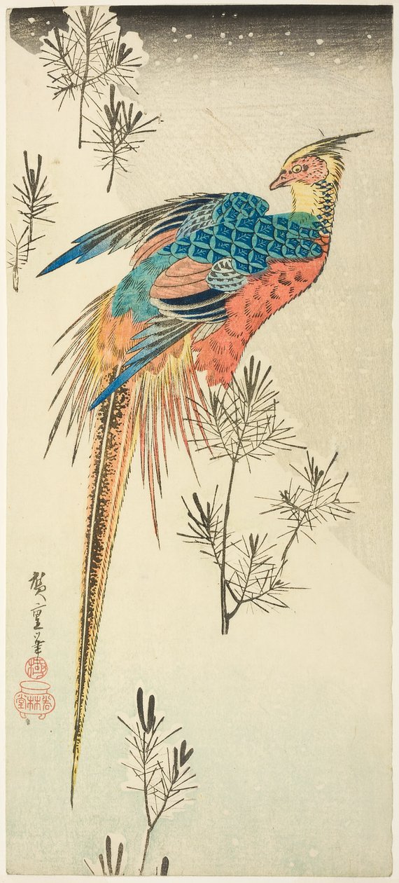 Zlatý bažant posazený na strmém zasněženém svahu uprostřed malých borových stromků od Utagawa Hiroshige