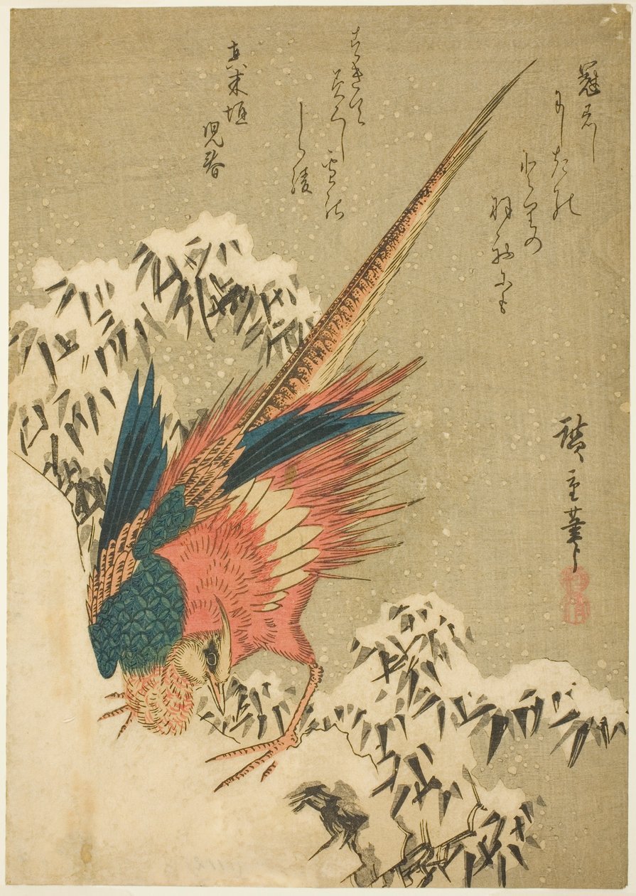 Zlatý bažant uprostřed zasněženého bambusu na strmém svahu od Utagawa Hiroshige