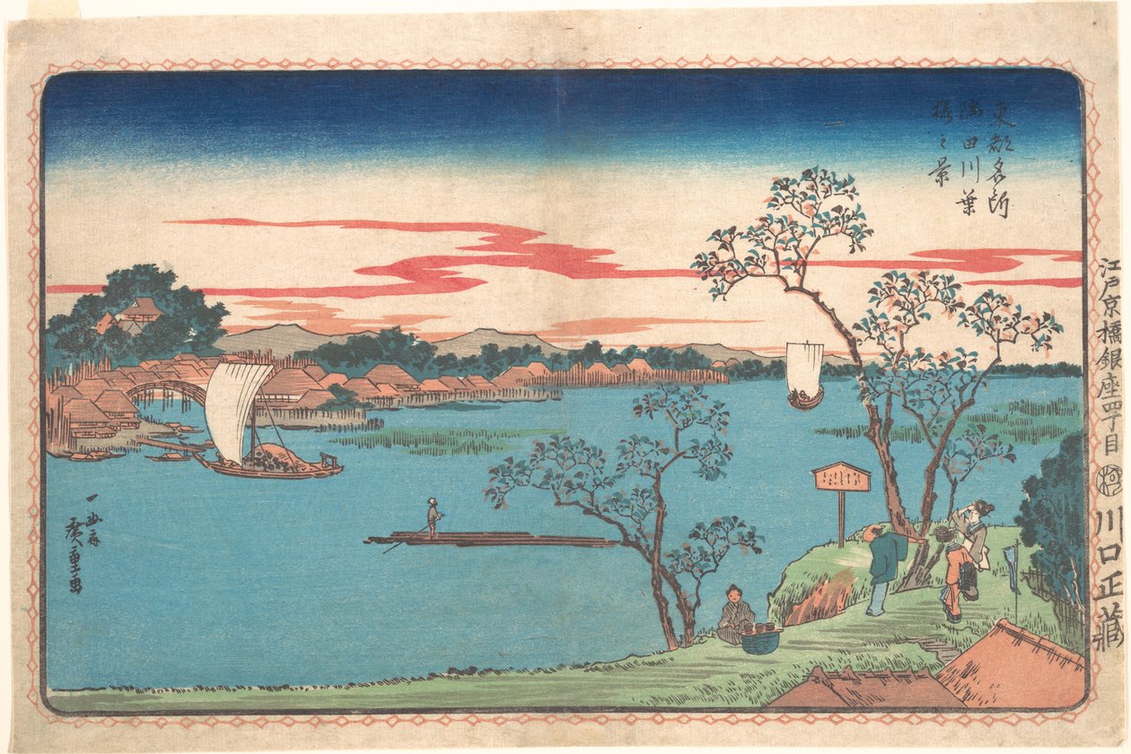 Pohled na olistěné třešně podél řeky Sumida od Utagawa Hiroshige
