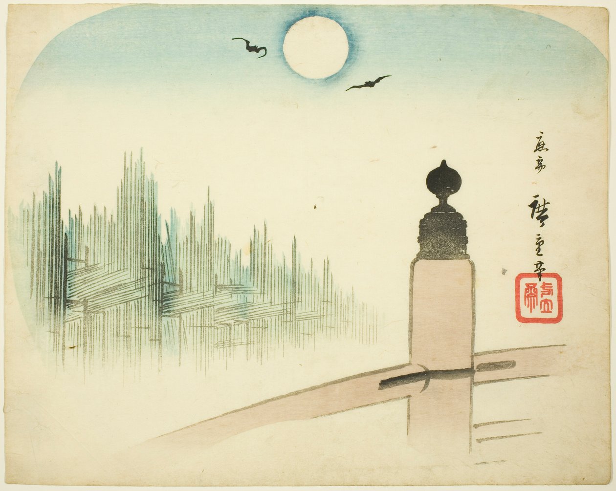 Pohled na dřevěné dvory z mostu od Utagawa Hiroshige