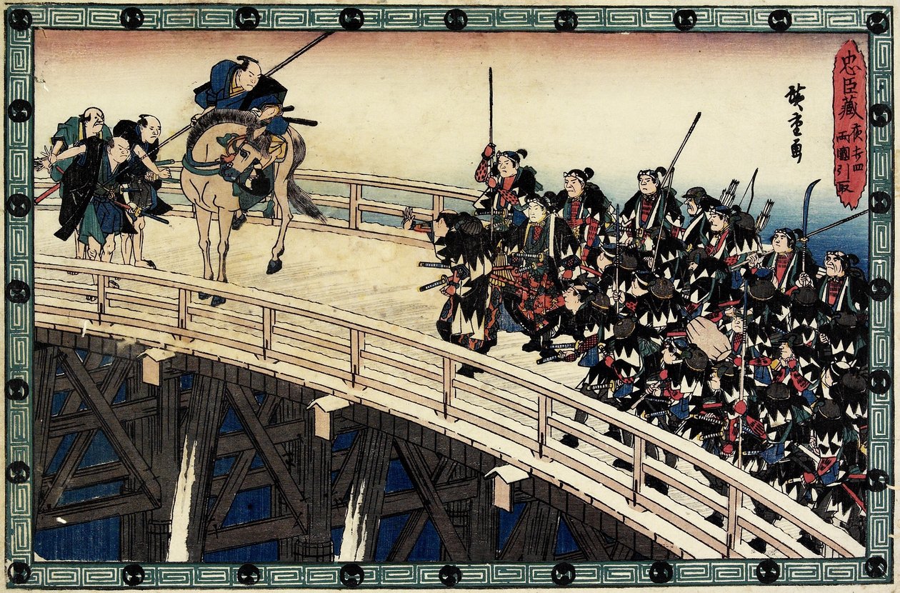 Akt 11 Scéna 5 Nočního útoku; Být zatčen na mostě Ryo_goku, c. 1838 od Utagawa Hiroshige