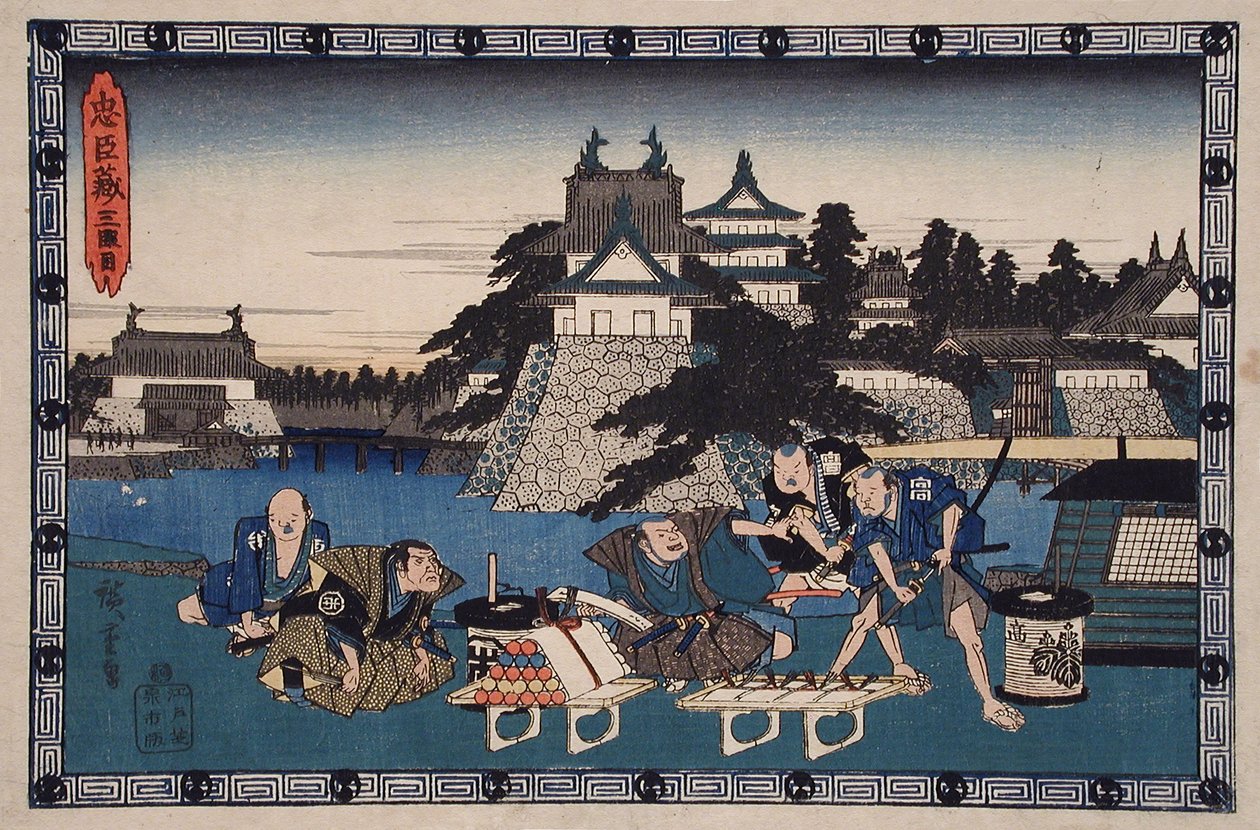 3. jednání: Bannai, Moronaův služebník, s seznamem darů určených k usmíření Moronaa; zleva ho sleduje Honzō od Utagawa Hiroshige