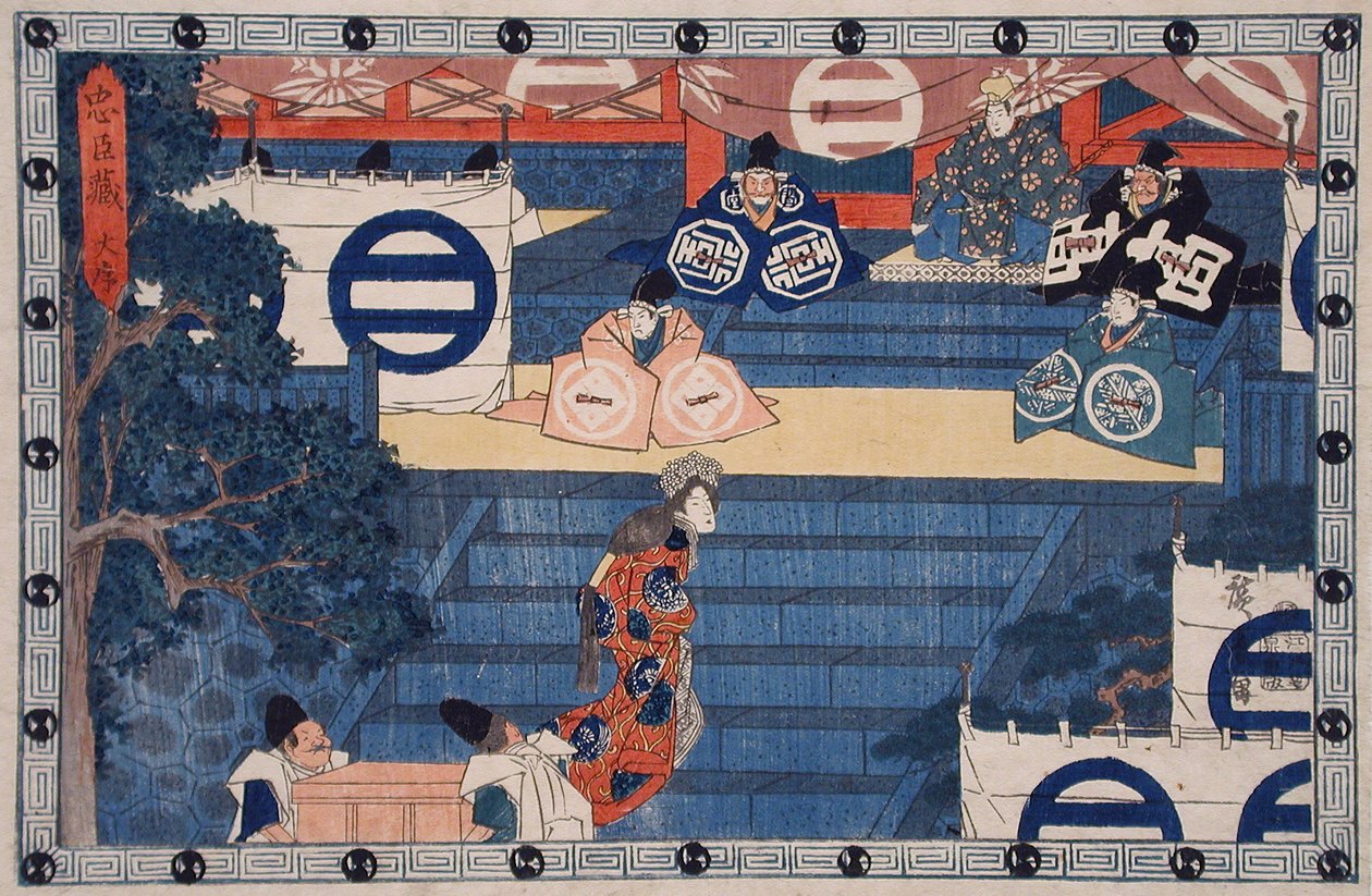 I. dějství: Lady Kaoyo vystupuje po schodech svatyně Hačiman, aby identifikovala přilbu svého mrtvého pána od Utagawa Hiroshige