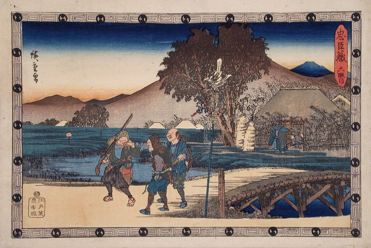 Dějství VI: Lovci se vracejí poté, co přinesli tělo zavražděného Yoichibeie do jeho chaty od Utagawa Hiroshige