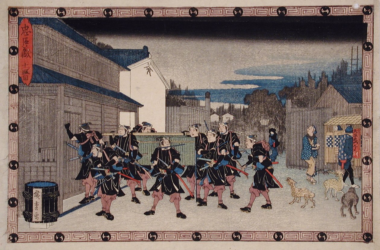 10. jednání: Rónin nesoucí koš, v němž se skrývá Yuranosuke, vstupuje do Giheiho domu od Utagawa Hiroshige