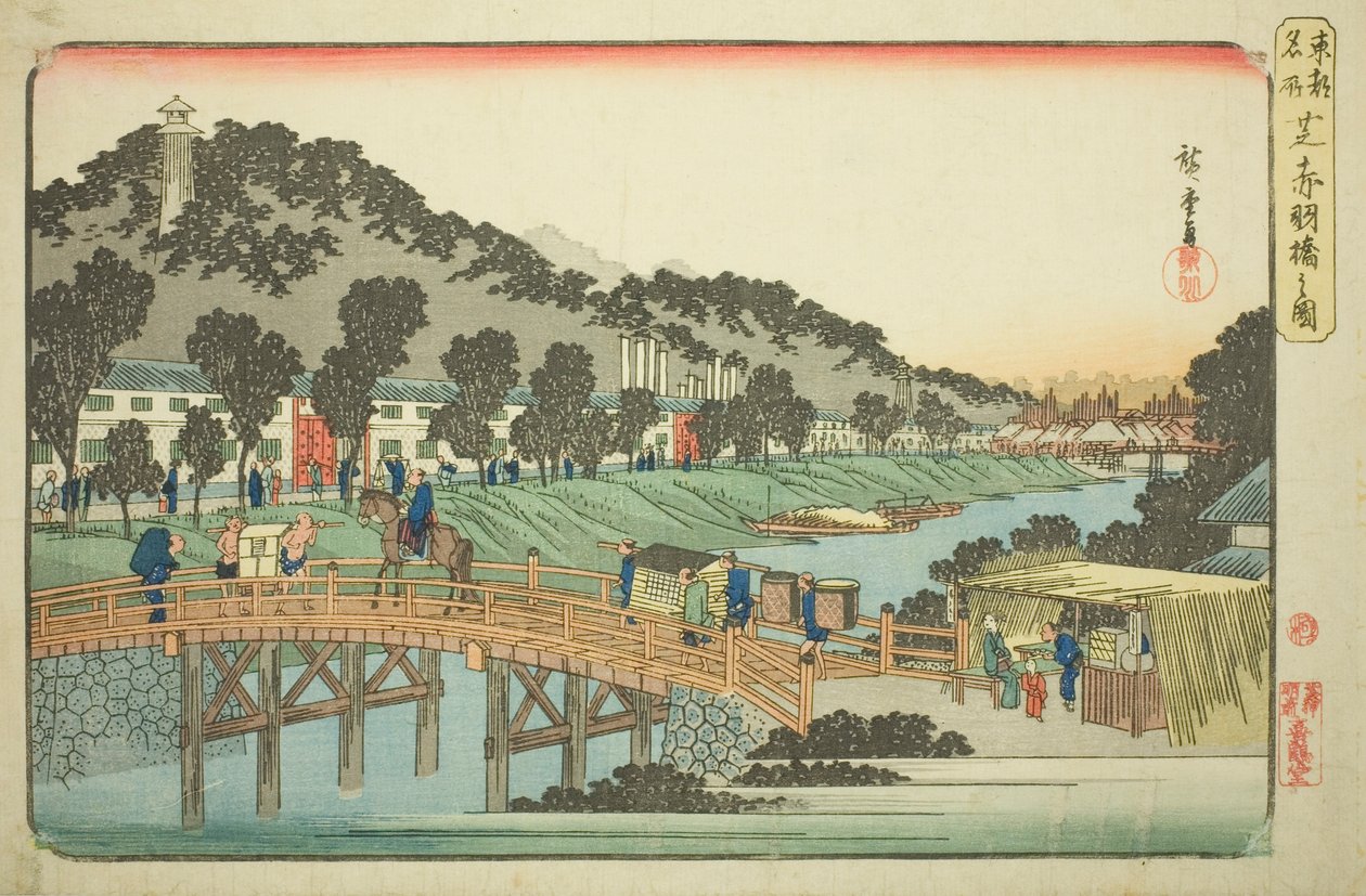 Most Akabane v Shiba (Shiba Akabanebashi no zu), ze série „Slavná místa ve východním hlavním městě (Toto meisho)“ od Utagawa Hiroshige