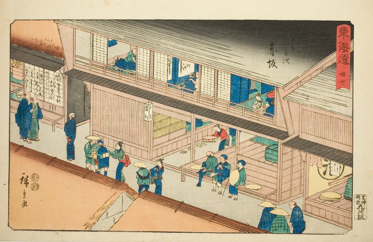 Akasaka – Ne. 37, ze série "Padesát tři stanic Tokaida (Tokaido gojusan tsugi)," také známé jako Reisho Tokaido od Utagawa Hiroshige