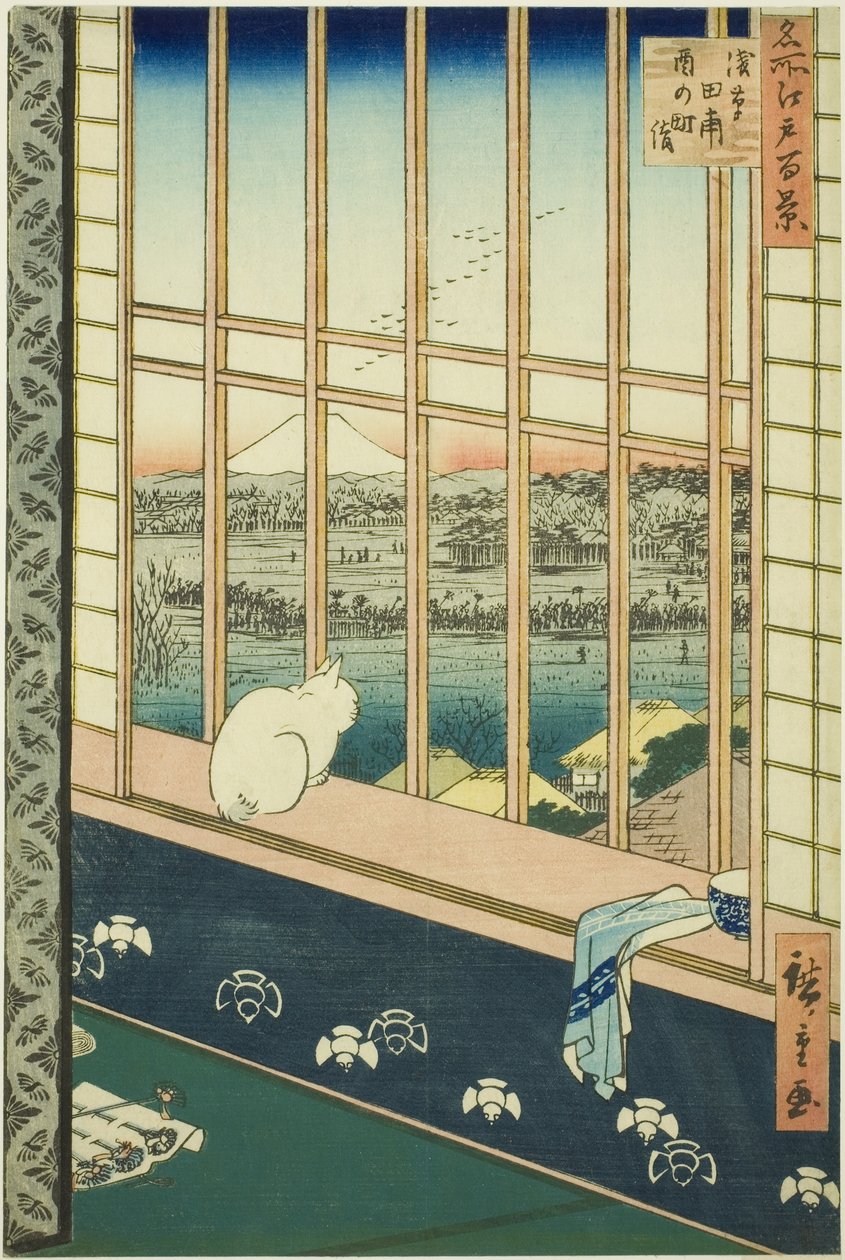 Festival festivalu Asakusa Lycee Fie lds plan d city (uvedeno je také město rýžových polí Asakusa), ze seriálu „Hřeben pro hřebeny pohled ws f Edo (slavné místo 100 pohledů na Edo)“ od Utagawa Hiroshige