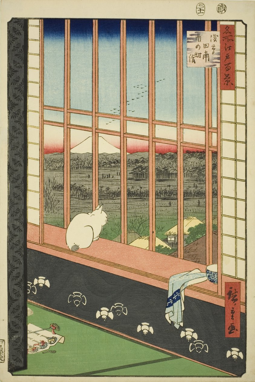 Festival festivalu Asakusa Lycee Fie lds plan d city (uvedeno je také město rýžových polí Asakusa), ze seriálu „Hřeben pro hřebeny pohled ws f Edo (slavné místo 100 pohledů na Edo)“ od Utagawa Hiroshige
