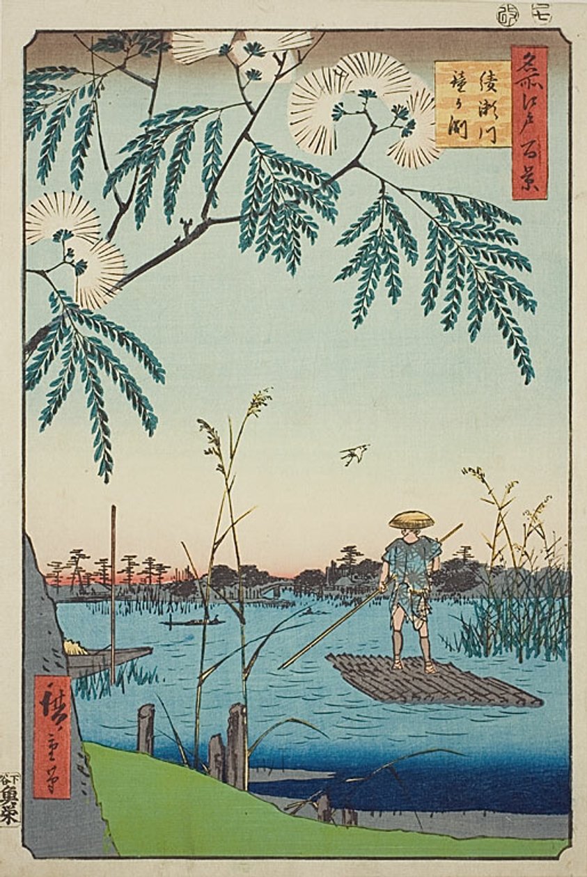 Řeka Ayase a Kanegafuchi (Ayasegawa Kanegafuchi), č. 63 ze série "Sto slavných pohledů na Edo (Meisho Edo hyakkei)". od Utagawa Hiroshige